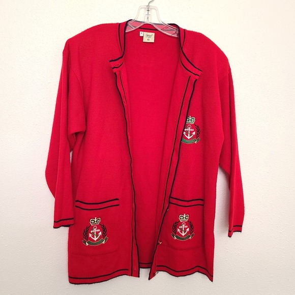 Vintage Triko XL Preppy Red Cardigan Embroidered Crest Old Money New England - Picture 3 of 12